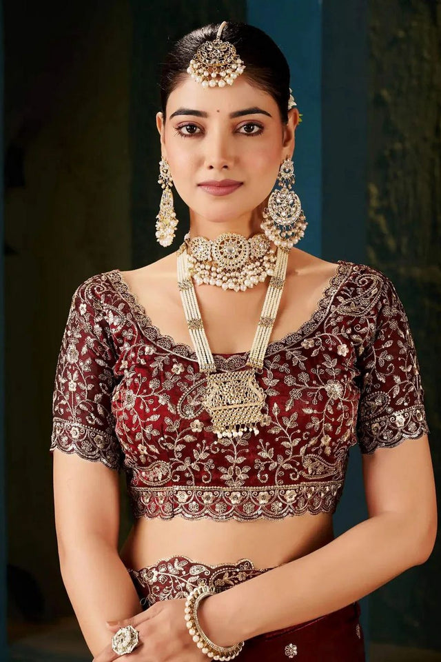 Maroon Satin Embroidered Saree (ACA8664)