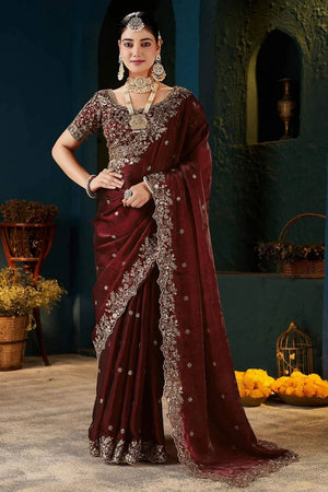Maroon Satin Embroidered Saree (ACA8664)