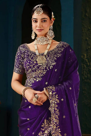 Purple Satin Embroidered Saree (ACA8665)