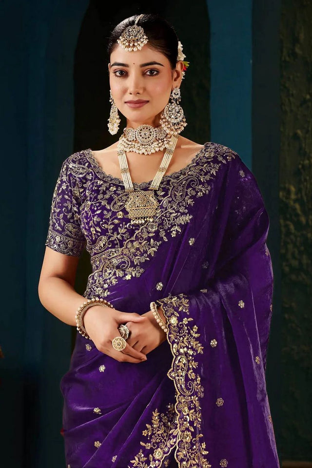 Purple Satin Embroidered Saree (ACA8665)