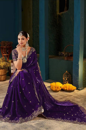Purple Satin Embroidered Saree (ACA8665)