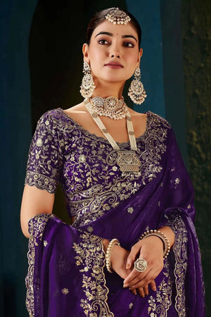 Purple Satin Embroidered Saree (ACA8665)