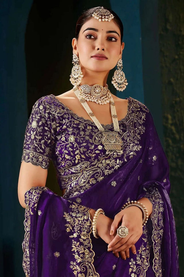 Purple Satin Embroidered Saree (ACA8665)