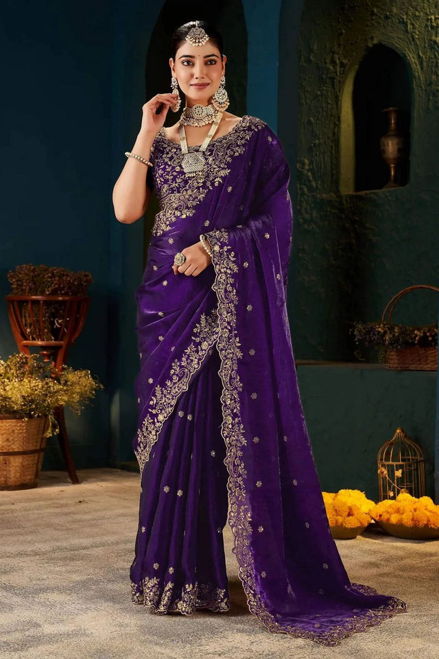 Purple Satin Embroidered Saree (ACA8665)