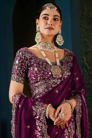 Wine Satin Embroidered Saree (ACA8666)