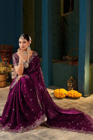 Wine Satin Embroidered Saree (ACA8666)