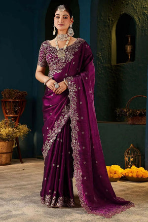 Wine Satin Embroidered Saree (ACA8666)