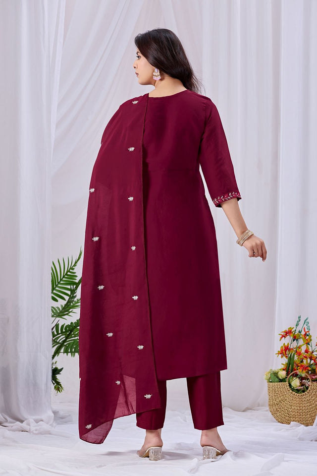 Maroon Floral Embroidered Cotton Kurti Pant Set (ACA8667)