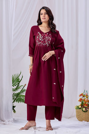 Maroon Floral Embroidered Cotton Kurti Pant Set (ACA8667)