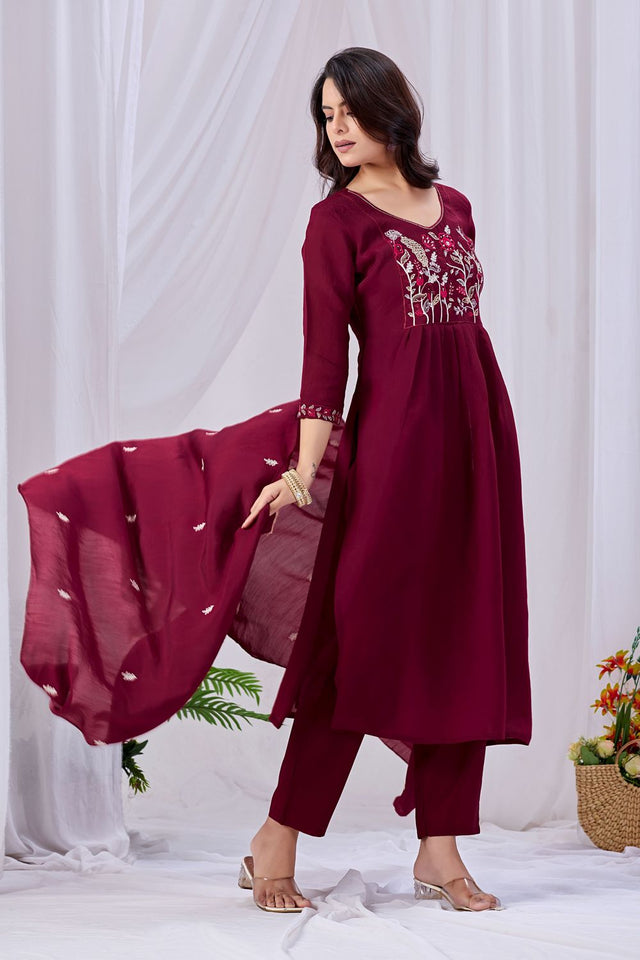Maroon Floral Embroidered Cotton Kurti Pant Set (ACA8667)