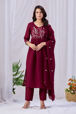 Maroon Floral Embroidered Cotton Kurti Pant Set (ACA8667)