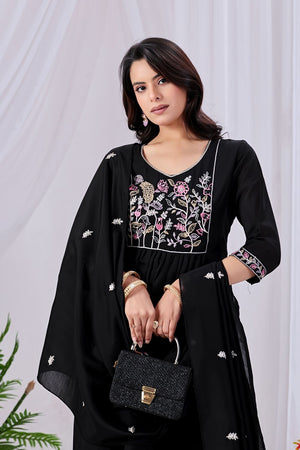Black Floral Embroidered Cotton Kurti Pant Set (ACA8668)