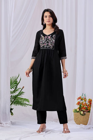 Black Floral Embroidered Cotton Kurti Pant Set (ACA8668)