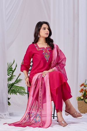 Pink Floral Embroidered Silk Kurti Pant Set (ACA8669)
