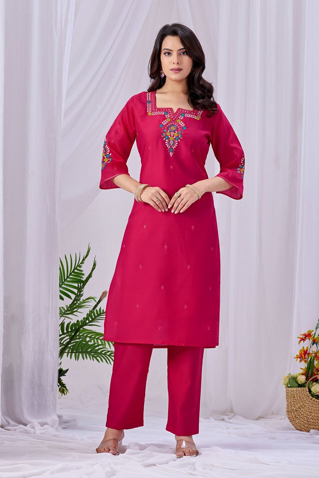 Pink Floral Embroidered Silk Kurti Pant Set (ACA8669)
