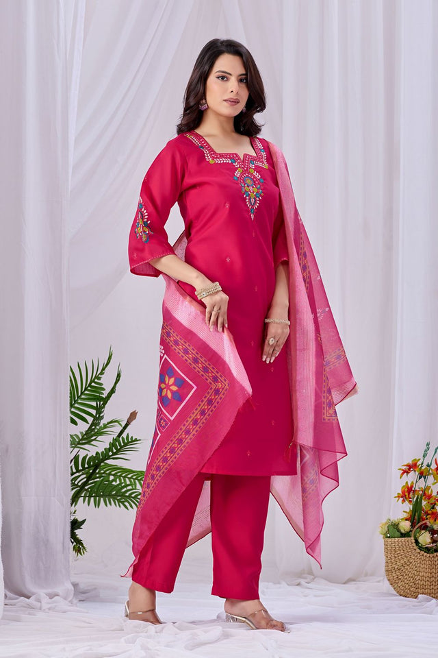 Pink Floral Embroidered Silk Kurti Pant Set (ACA8669)
