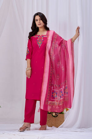 Pink Floral Embroidered Silk Kurti Pant Set (ACA8669)