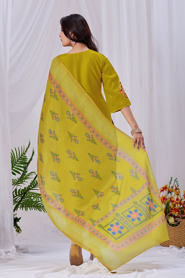 Mustard Floral Embroidered Silk Kurti Pant Set (ACA8670)