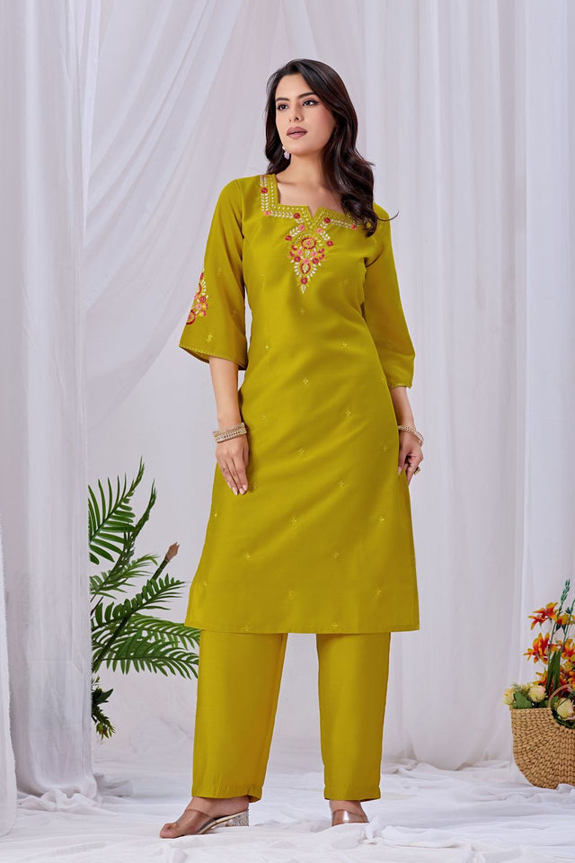 Mustard Floral Embroidered Silk Kurti Pant Set (ACA8670)