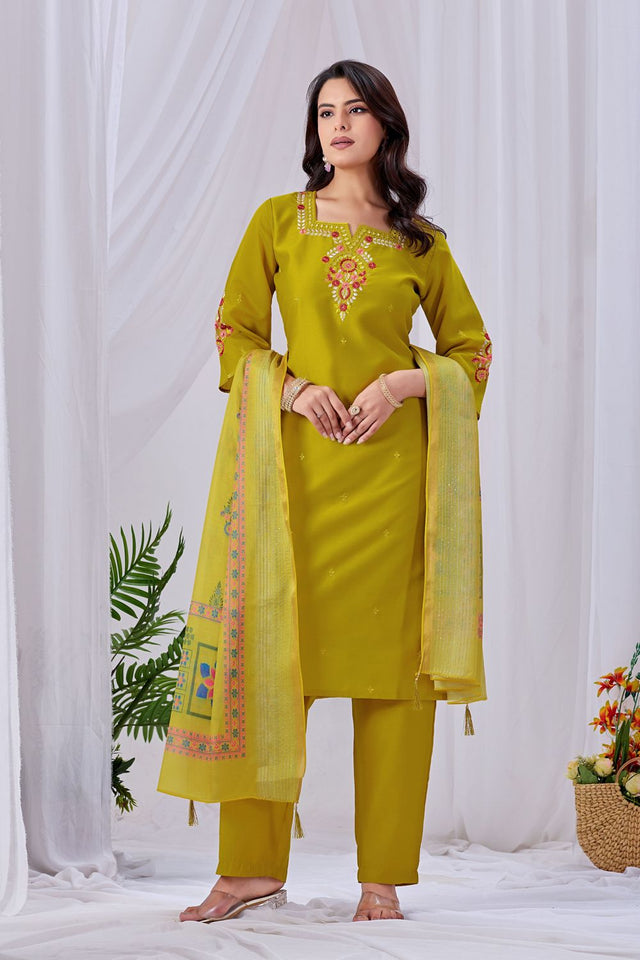 Mustard Floral Embroidered Silk Kurti Pant Set (ACA8670)