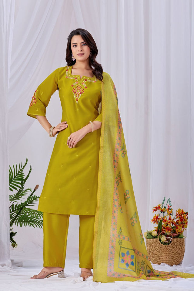 Mustard Floral Embroidered Silk Kurti Pant Set (ACA8670)