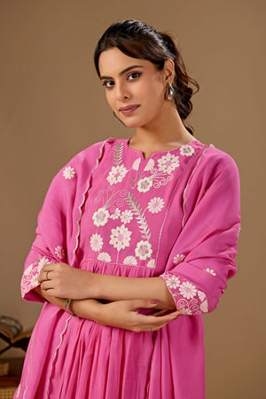 Pink Floral Embroidered Cotton Anarkali Suit (ACA8671)