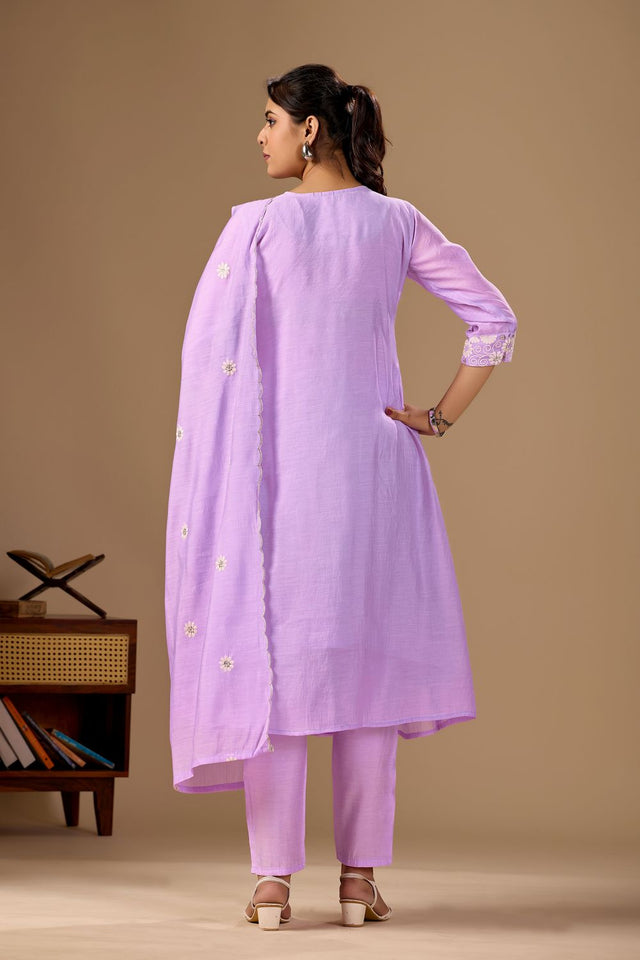 Lavender Floral Embroidered Cotton Anarkali Suit (ACA8672)
