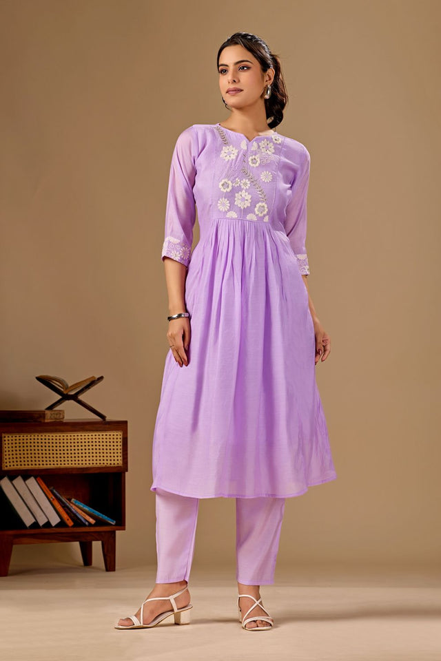 Lavender Floral Embroidered Cotton Anarkali Suit (ACA8672)