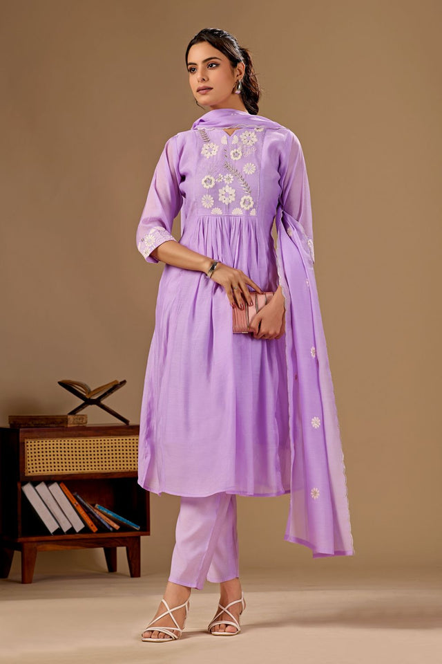 Lavender Floral Embroidered Cotton Anarkali Suit (ACA8672)