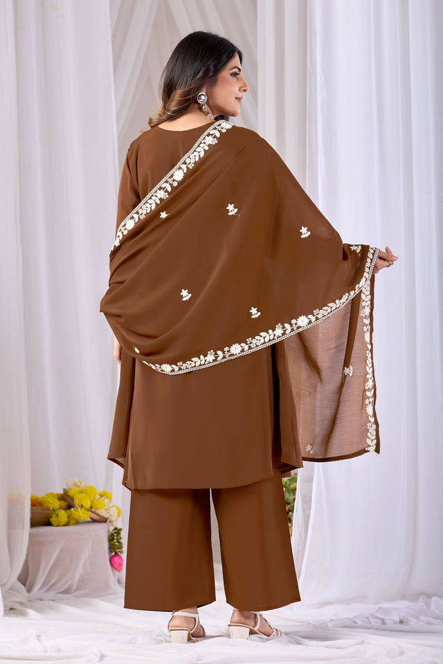 Brown Floral Embroidered Cotton Straight Cut Suit (ACA8673)