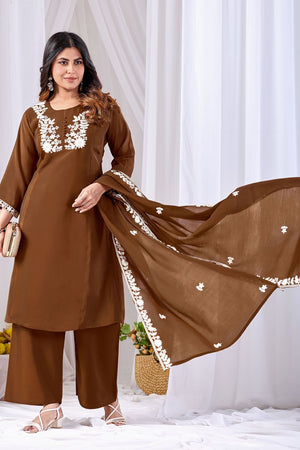 Brown Floral Embroidered Cotton Straight Cut Suit (ACA8673)