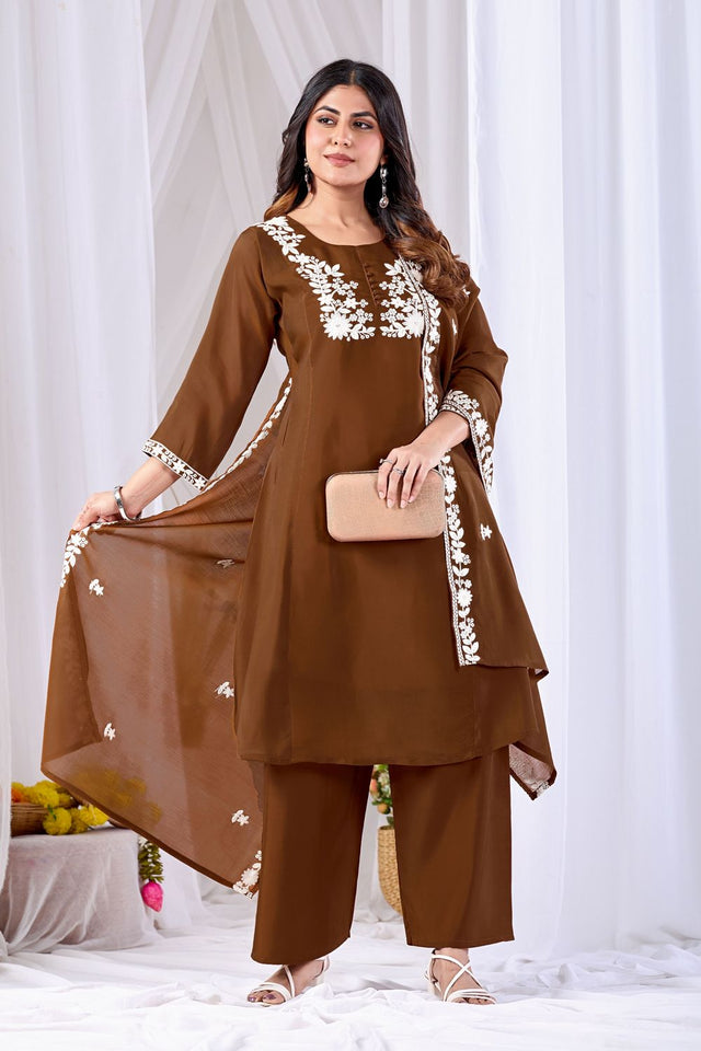 Brown Floral Embroidered Cotton Straight Cut Suit (ACA8673)