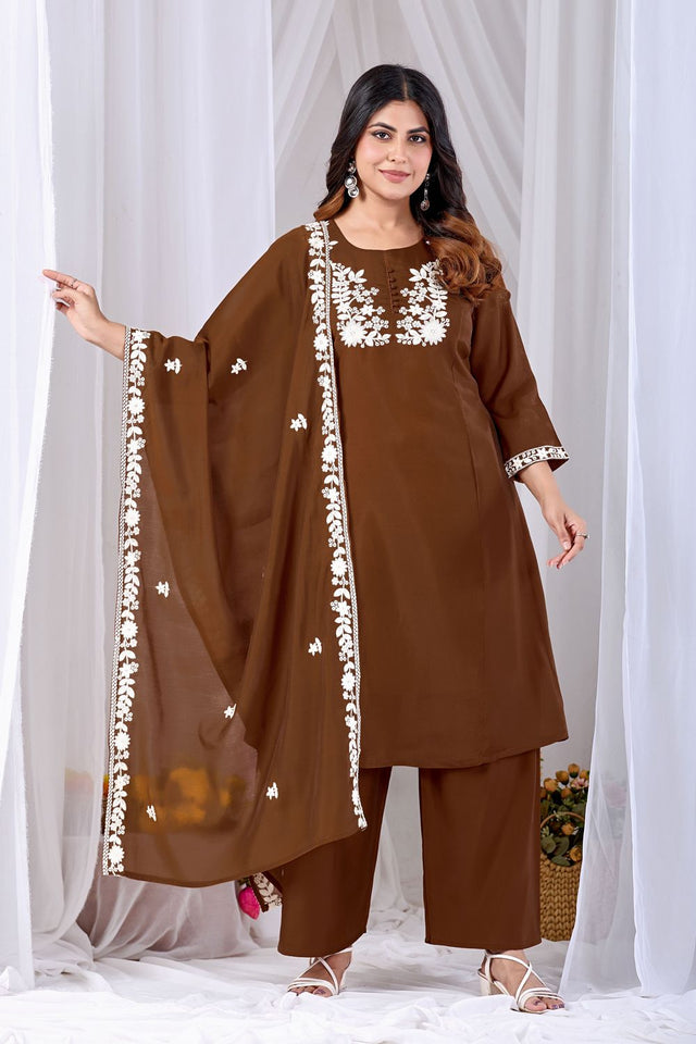 Brown Floral Embroidered Cotton Straight Cut Suit (ACA8673)