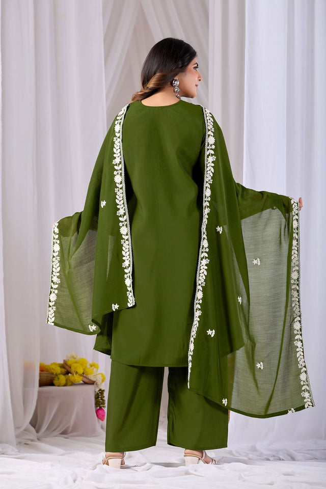 Mehendi Floral Embroidered Cotton Straight Cut Suit (ACA8674)