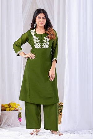 Mehendi Floral Embroidered Cotton Straight Cut Suit (ACA8674)