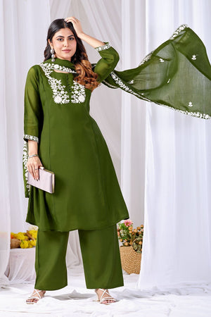 Mehendi Floral Embroidered Cotton Straight Cut Suit (ACA8674)