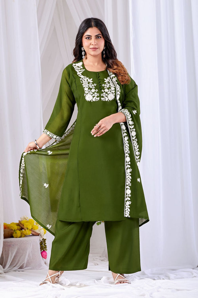 Mehendi Floral Embroidered Cotton Straight Cut Suit (ACA8674)
