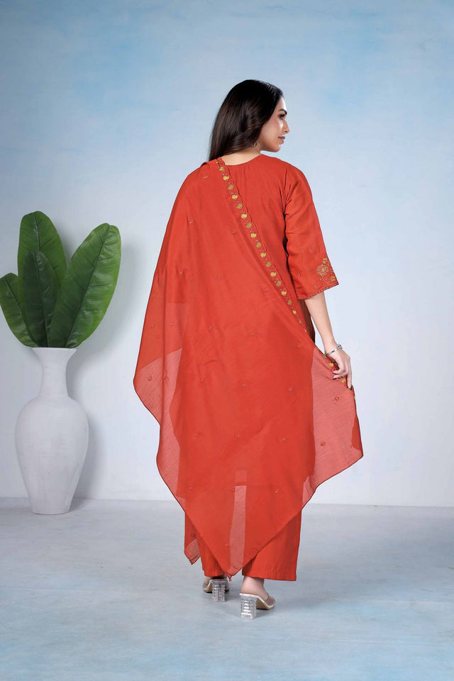 Rust Floral Embroidered Cotton Kurti Pant Set (ACA8675)