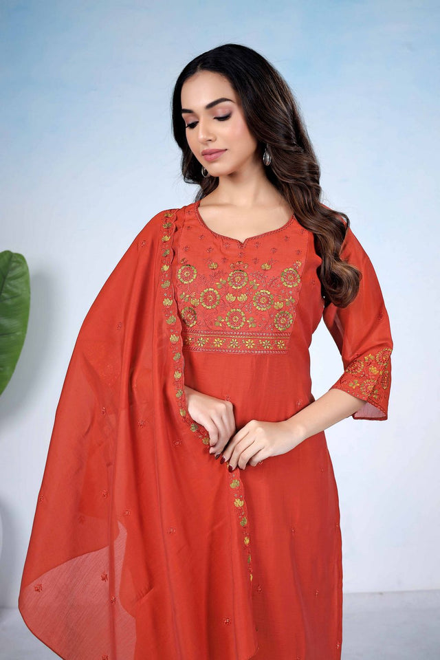 Rust Floral Embroidered Cotton Kurti Pant Set (ACA8675)