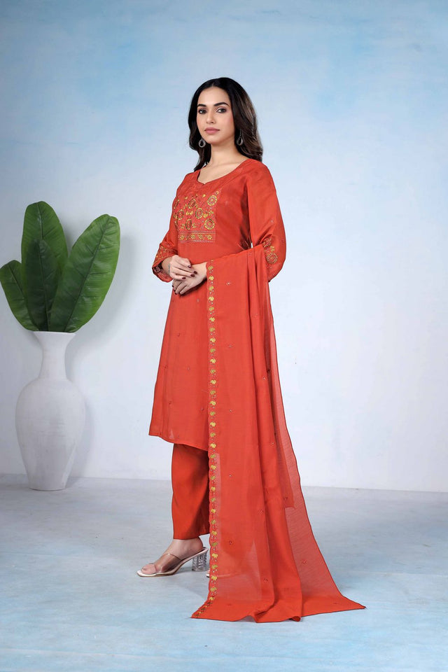Rust Floral Embroidered Cotton Kurti Pant Set (ACA8675)