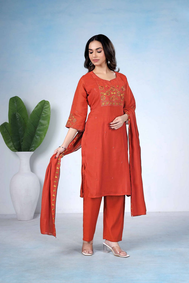 Rust Floral Embroidered Cotton Kurti Pant Set (ACA8675)