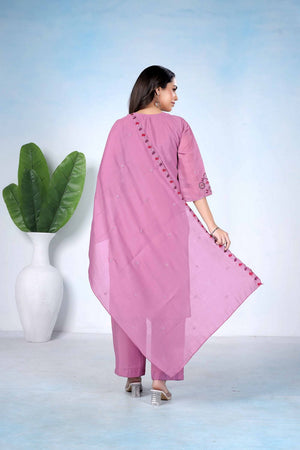 Purple Floral Embroidered Cotton Kurti Pant Set (ACA8676)