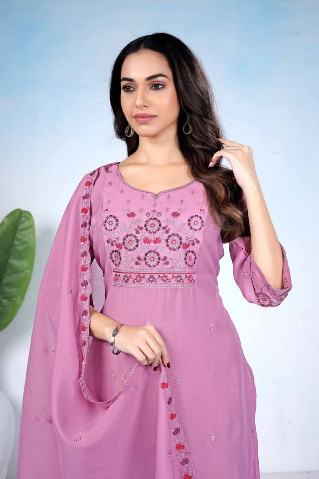 Purple Floral Embroidered Cotton Kurti Pant Set (ACA8676)