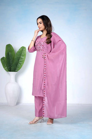 Purple Floral Embroidered Cotton Kurti Pant Set (ACA8676)