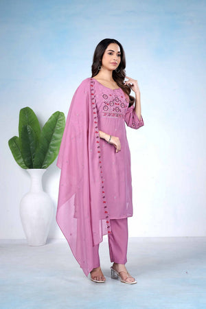 Purple Floral Embroidered Cotton Kurti Pant Set (ACA8676)