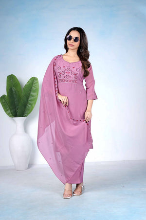 Purple Floral Embroidered Cotton Kurti Pant Set (ACA8676)