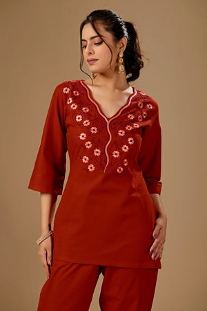 Rust Floral Embroidered Cotton Co-Ord Set (ACA8686)