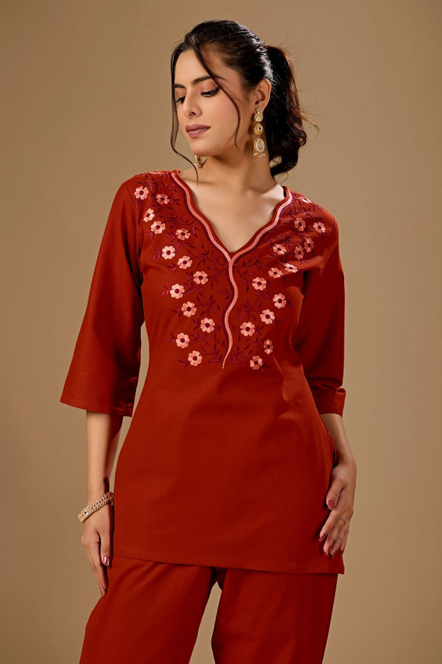 Rust Floral Embroidered Cotton Co-Ord Set (ACA8686)