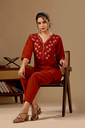 Rust Floral Embroidered Cotton Co-Ord Set (ACA8686)