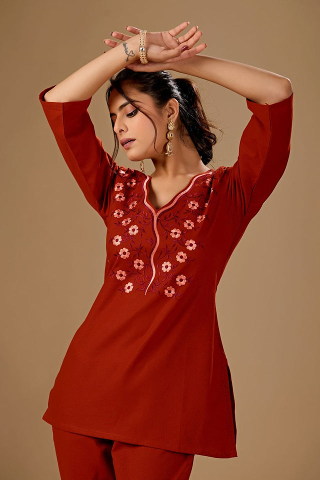 Rust Floral Embroidered Cotton Co-Ord Set (ACA8686)